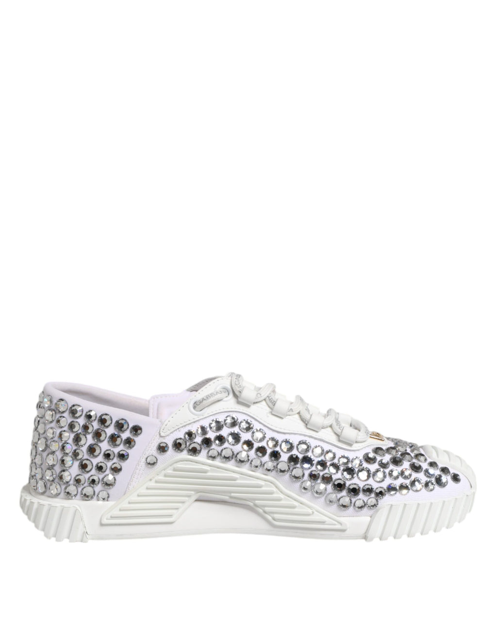 Chaussures sneakers blanches Dolce & Gabbana NS1 en toile et cuir avec embellissements, vue de face.