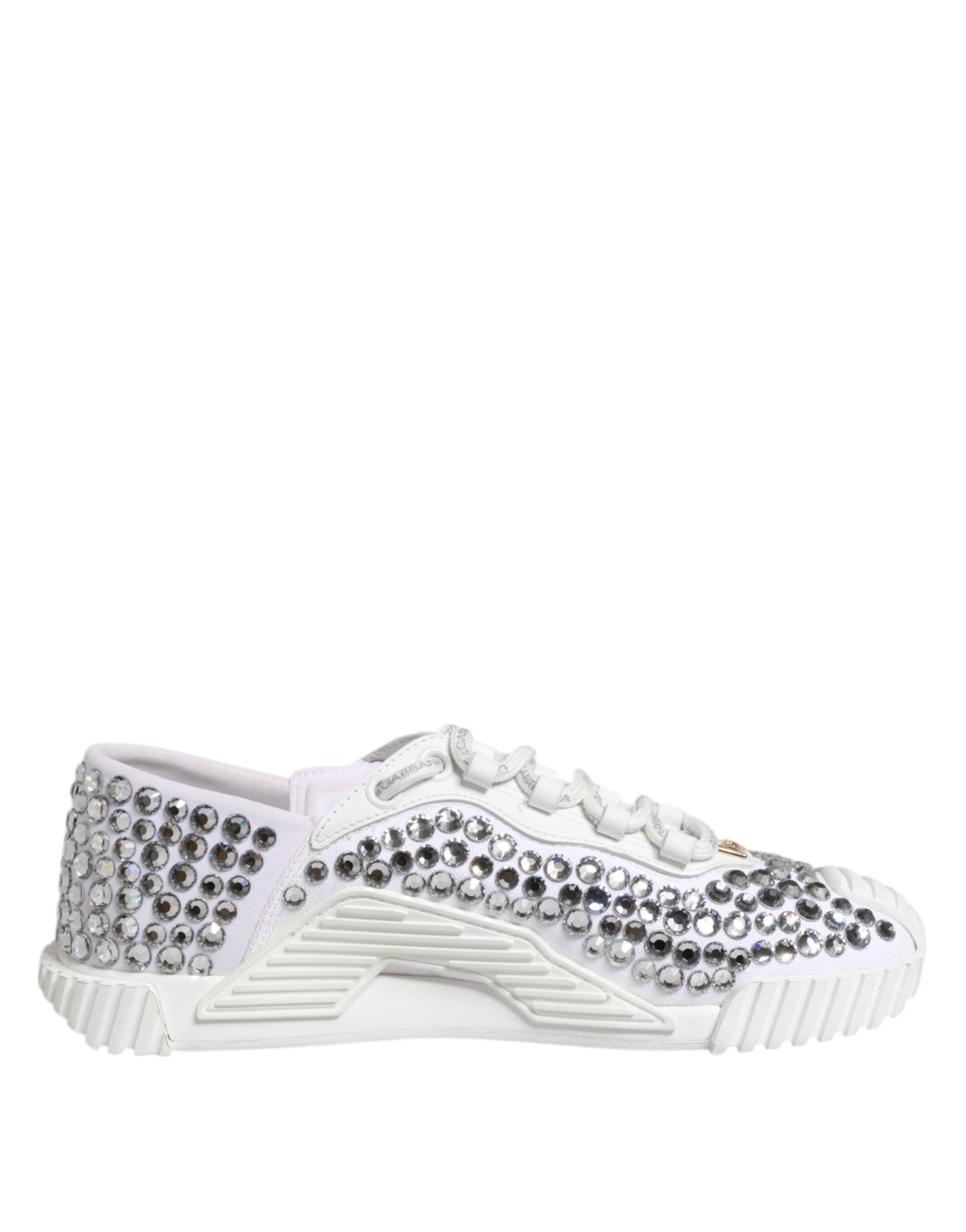 Chaussures sneakers blanches Dolce & Gabbana NS1 en toile et cuir avec embellissements, vue de face.