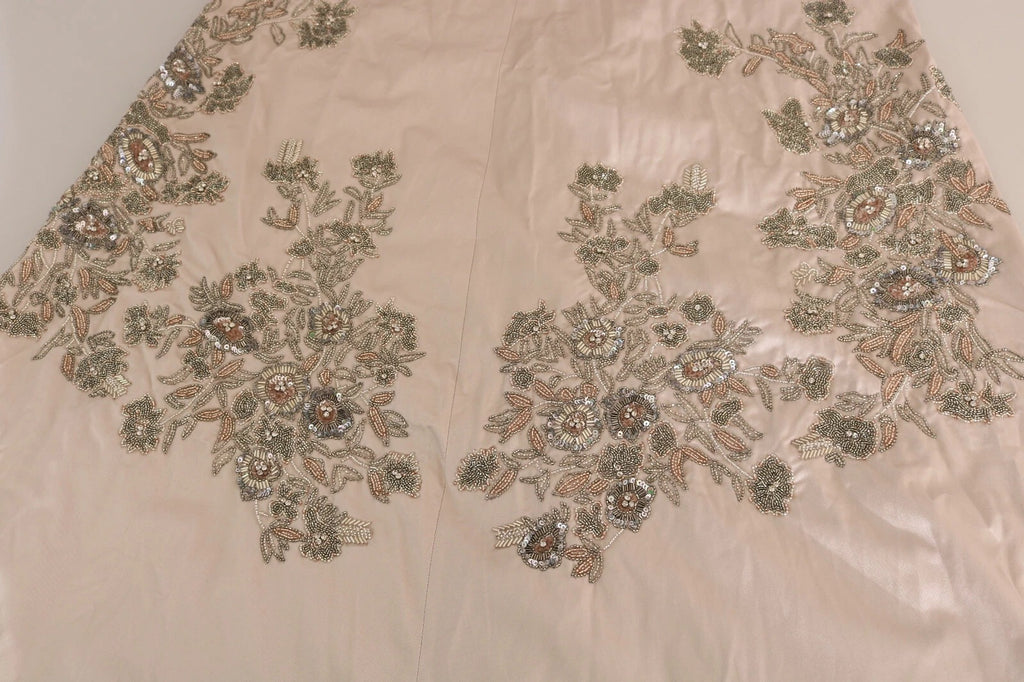 Robe de soirée Dolce & Gabbana beige avec fleurs en sequins, coupe évasée et élégante pour occasion spéciale