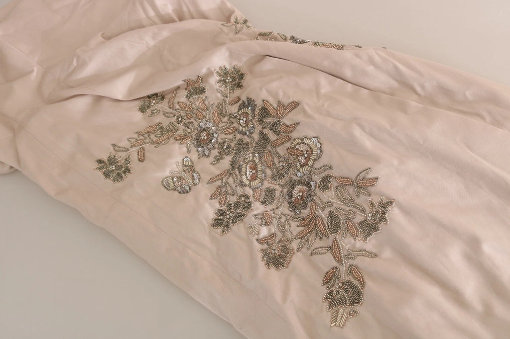 Robe de soirée Dolce & Gabbana beige à sequins avec fleurs et jupe évasée, élégance et glamour pour occasion spéciale.