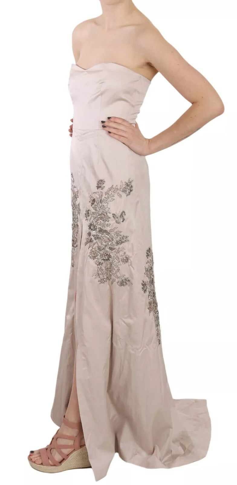 Robe de soirée Dolce & Gabbana beige à sequins avec fleurs et jupe évasée, élégante robe de bal pour femme.