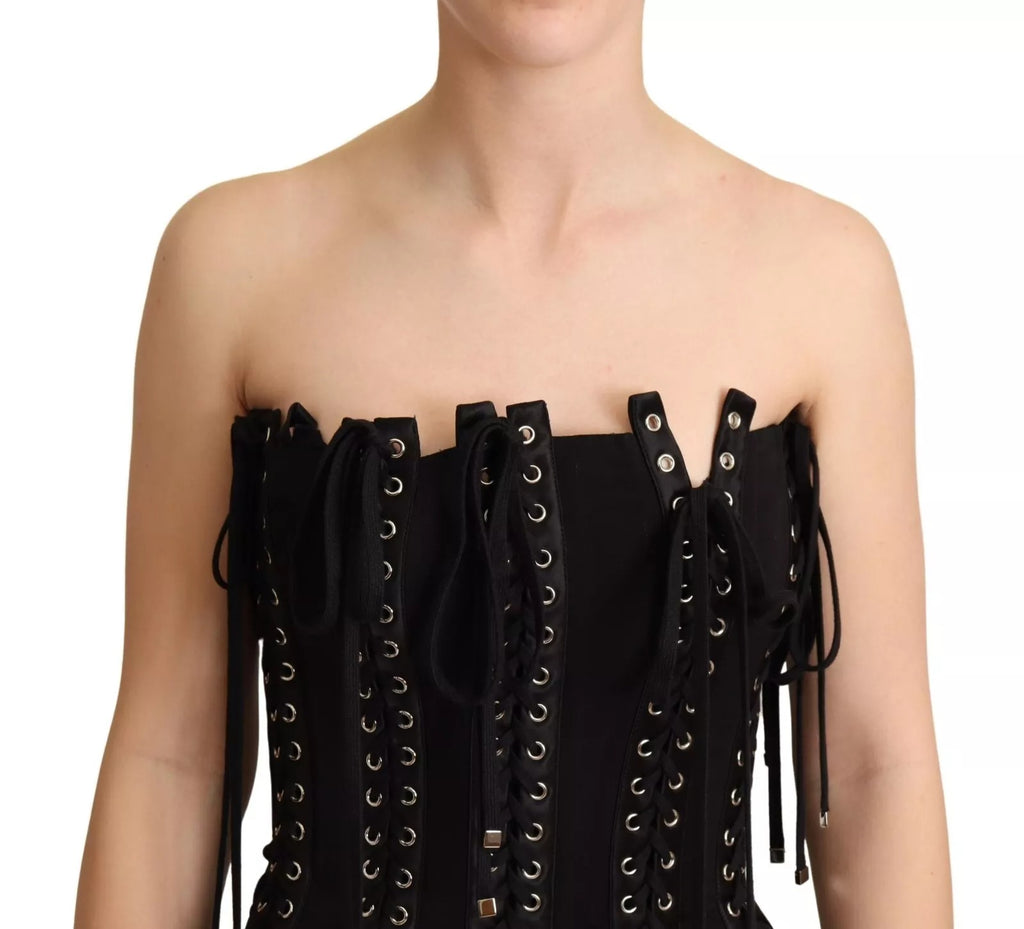 Robe moulante sans manches Dolce & Gabbana en crêpe noir avec lacets et détails en dentelle élégants.