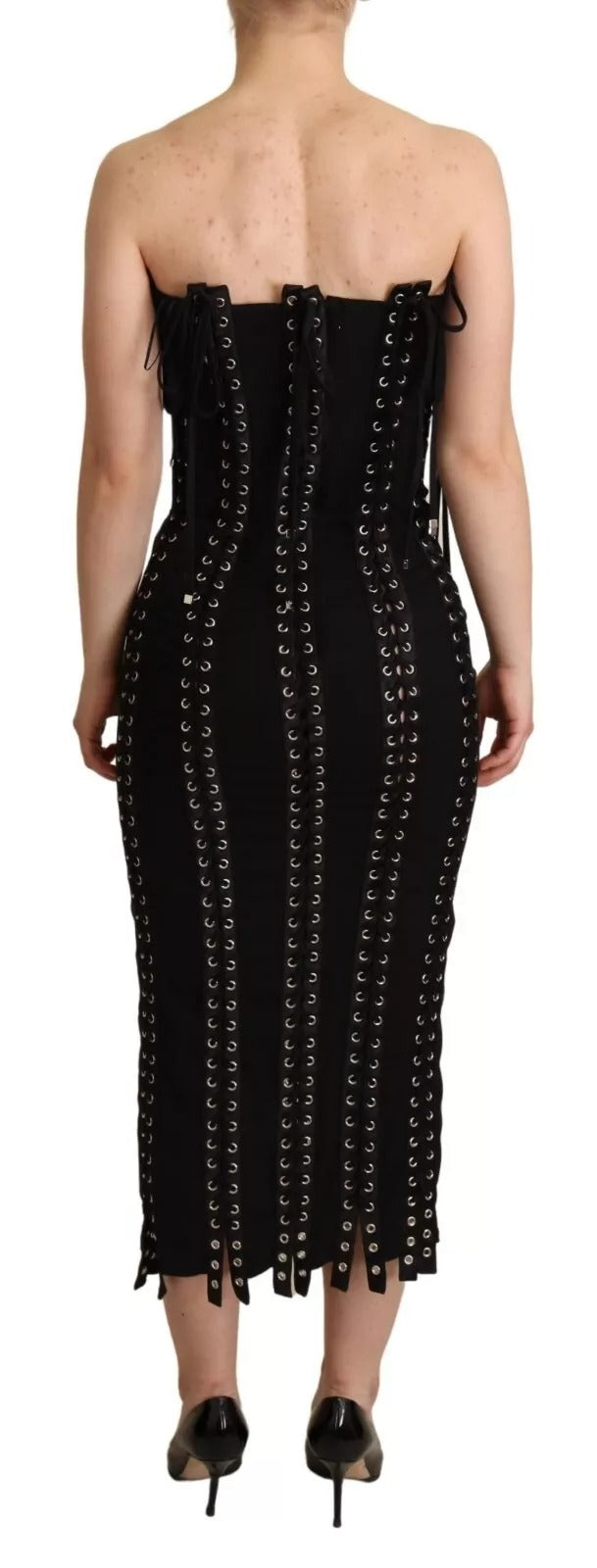 Robe moulante sans manches Dolce & Gabbana en crêpe noir avec laçage, style bodycon et détails en dentelle élégante.