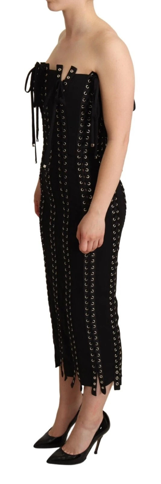 Robe noire sans manches Dolce & Gabbana en crêpe avec laçage, coupe bodycon élégante et détails en dentelle.