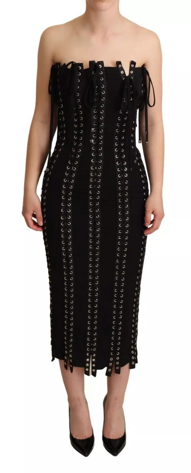 Robe noire sans manches en cady avec laçage de Dolce & Gabbana, coupe ajustée et élégante, vue de face.