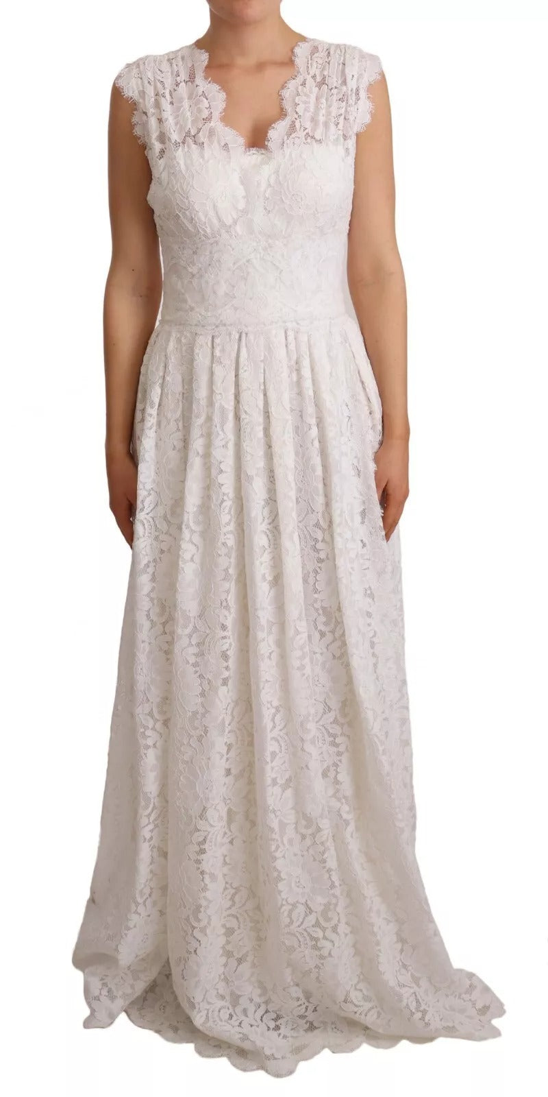 Robe longue blanche Dolce & Gabbana avec corsage en dentelle florale, design élégant et sophistiqué.