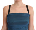 Robe fourreau en tulle bleu avec bordure en mesh et fronces, de la marque Dolce & Gabbana, vue en gros plan.