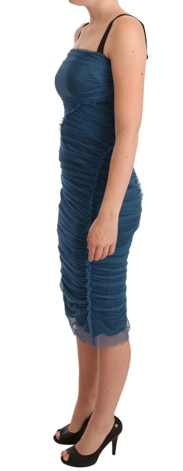 Robe en tulle bleu avec bordure en mesh, coupe ajustée et froncée, de la marque Dolce & Gabbana.