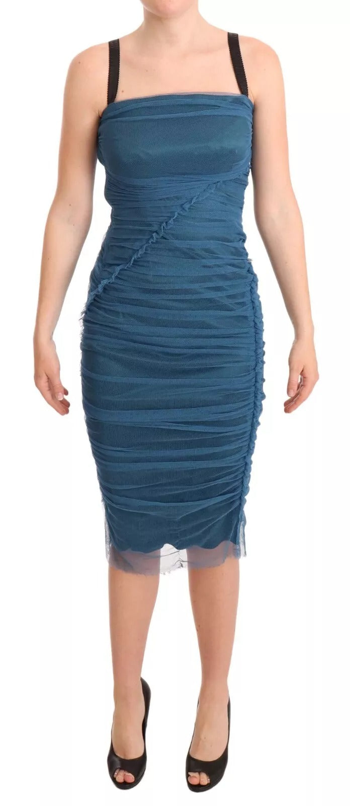 Robe en tulle bleu Dolce & Gabbana, coupe ajustée avec galon en mesh et détails froncés, élégante et sophistiquée.