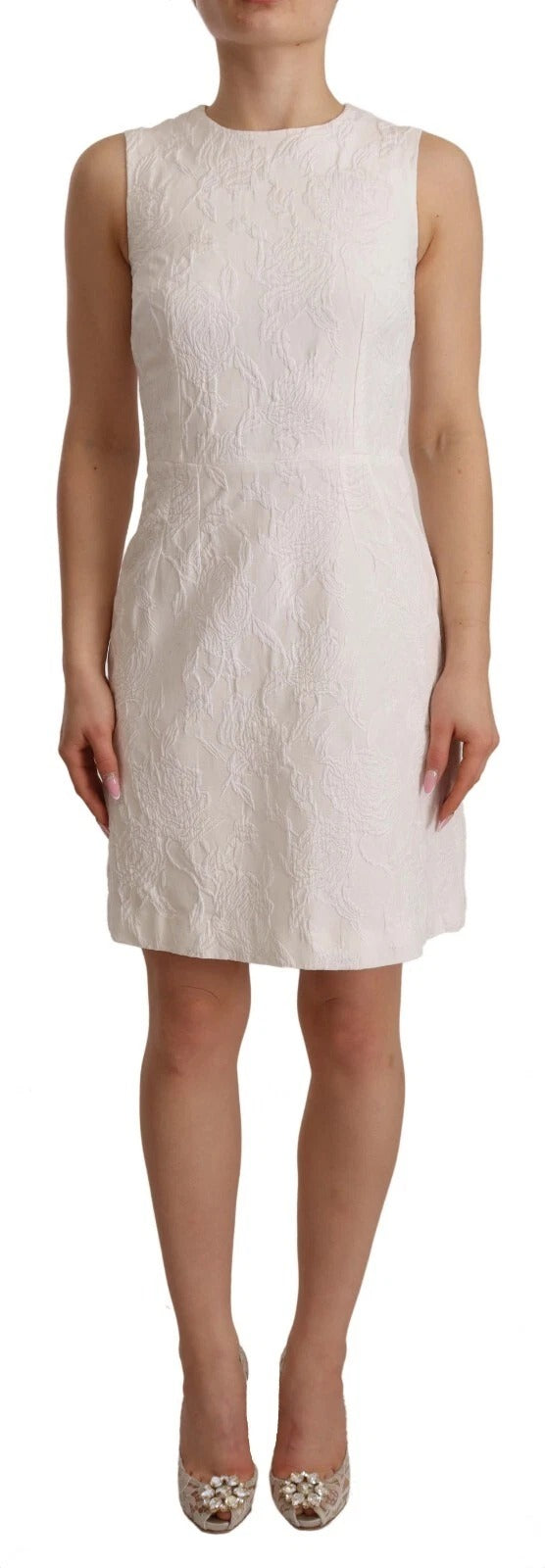 Robe courte blanche sans manches Dolce & Gabbana avec motif floral, coupe ajustée et élégante pour occasion spéciale.