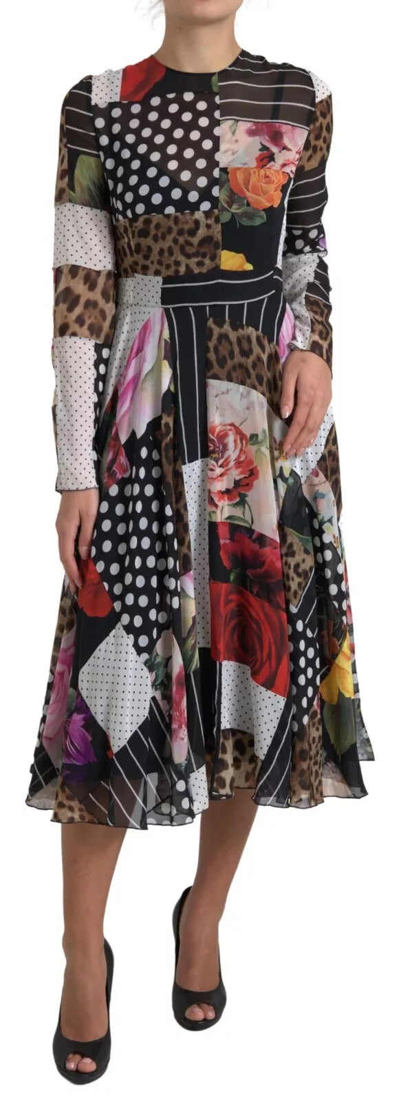 Robe Dolce & Gabbana à patchwork multicolore avec motifs floraux et léopard, tissu élégant et design tendance.