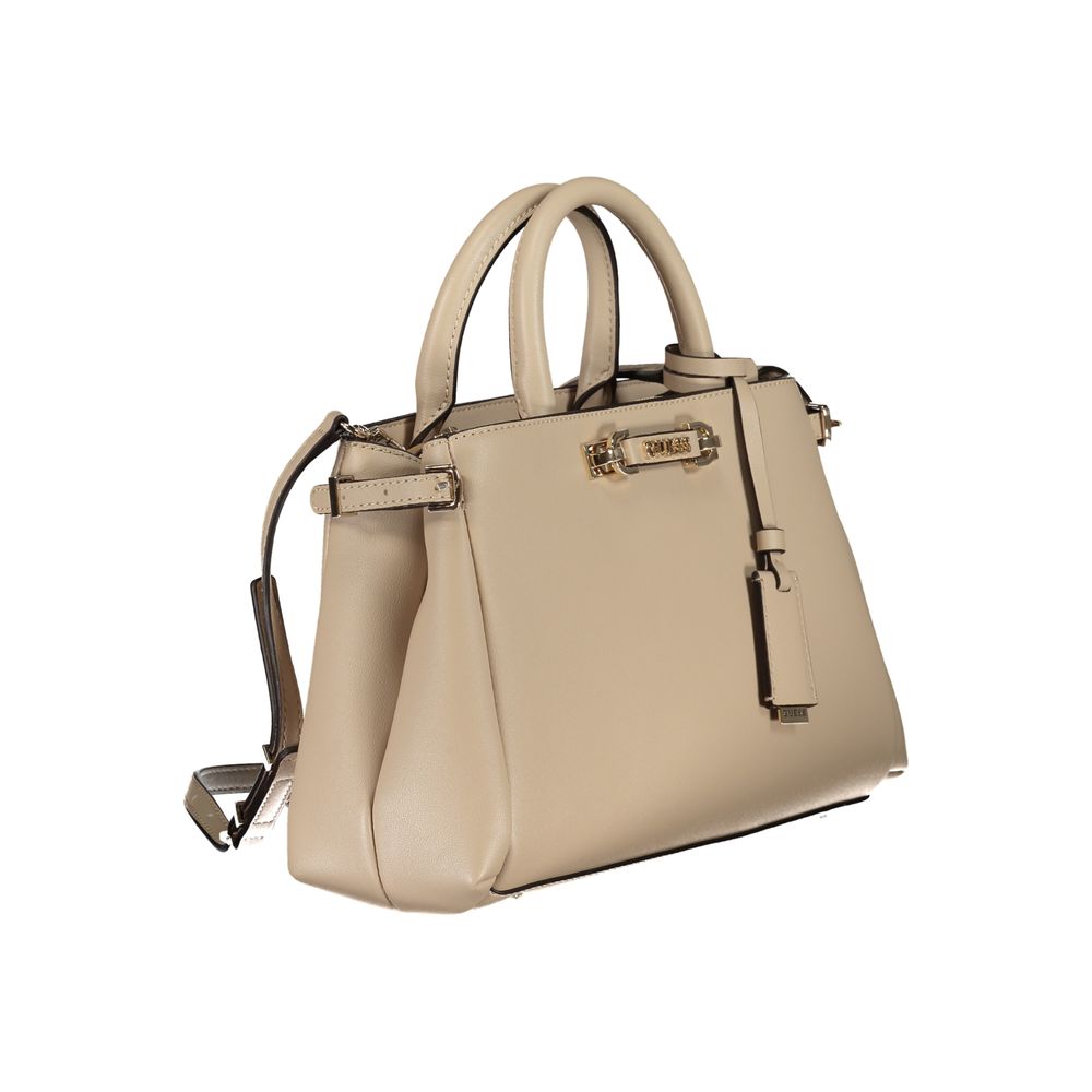 Sac à main beige en polyuréthane Guess Jeans pour femmes, avec poignées et détails élégants.