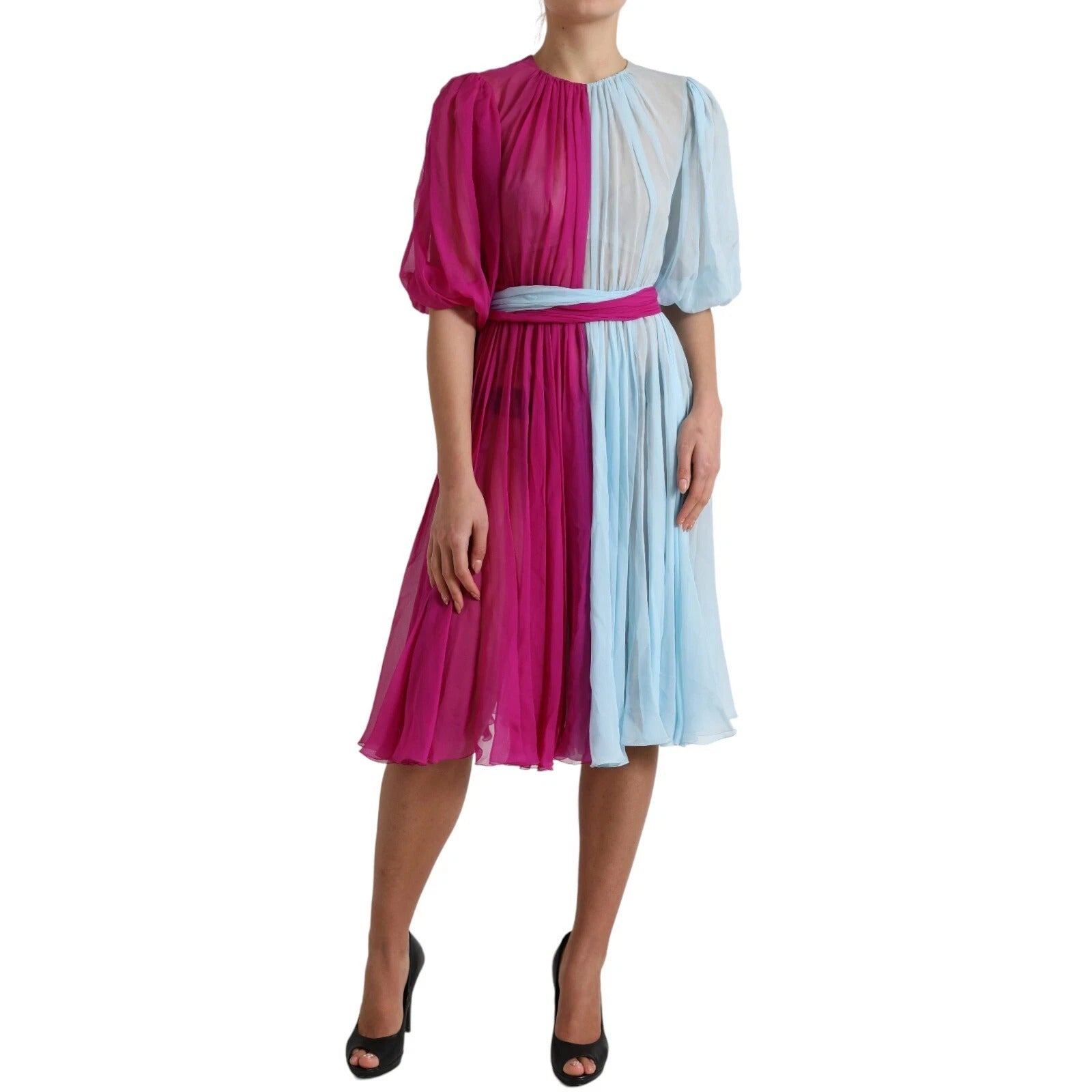 Robe midi en soie à deux tons Dolce & Gabbana Light Blue, vêtement élégant avec décolleté et détails colorés.