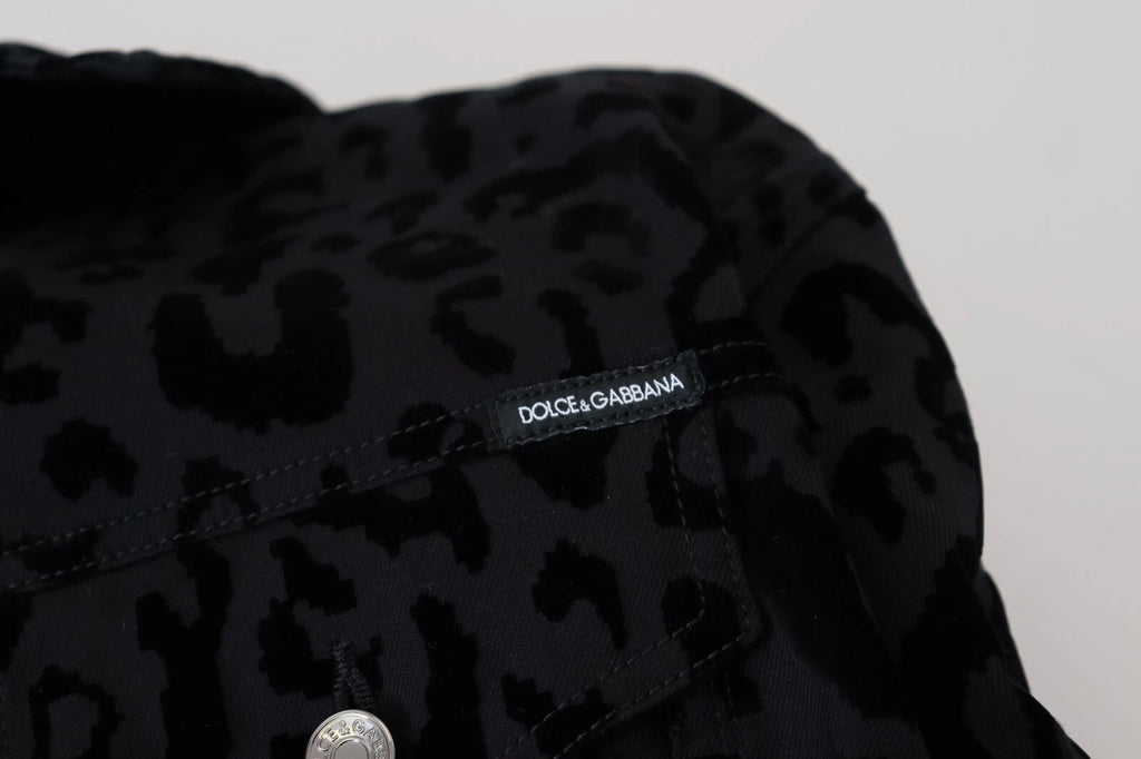 Veste en jean noire en coton Dolce & Gabbana avec motif léopard à manches longues, style décontracté et tendance.