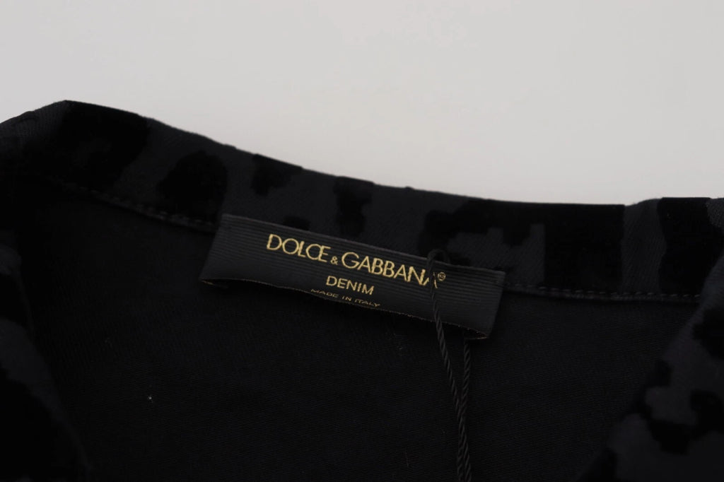 Veste en denim noir à manches longues Dolce & Gabbana avec motif léopard en coton.