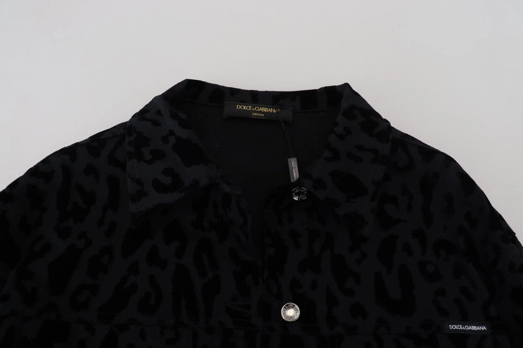 Veste en denim noir à manches longues avec motif léopard en coton de Dolce & Gabbana.