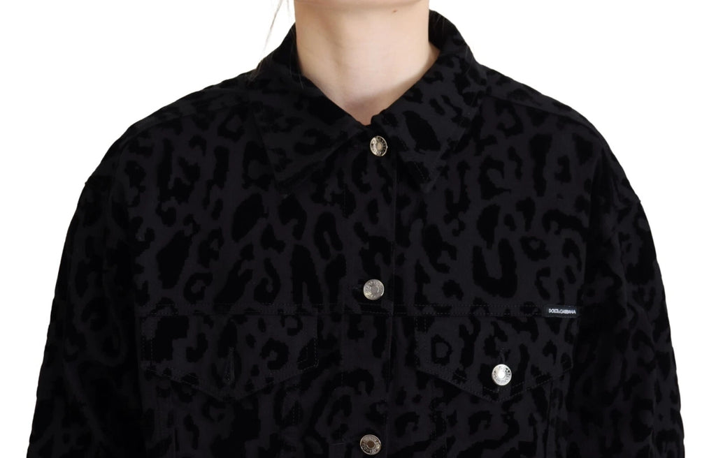 Veste en jean noire Dolce & Gabbana en coton avec motif léopard à manches longues et design tendance.