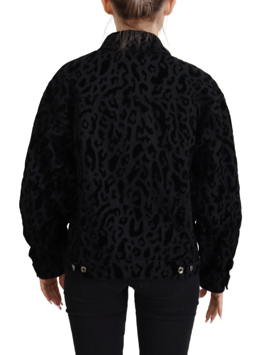 Veste en jean noire en coton Dolce & Gabbana avec motif léopard à manches longues, style élégant et tendance.