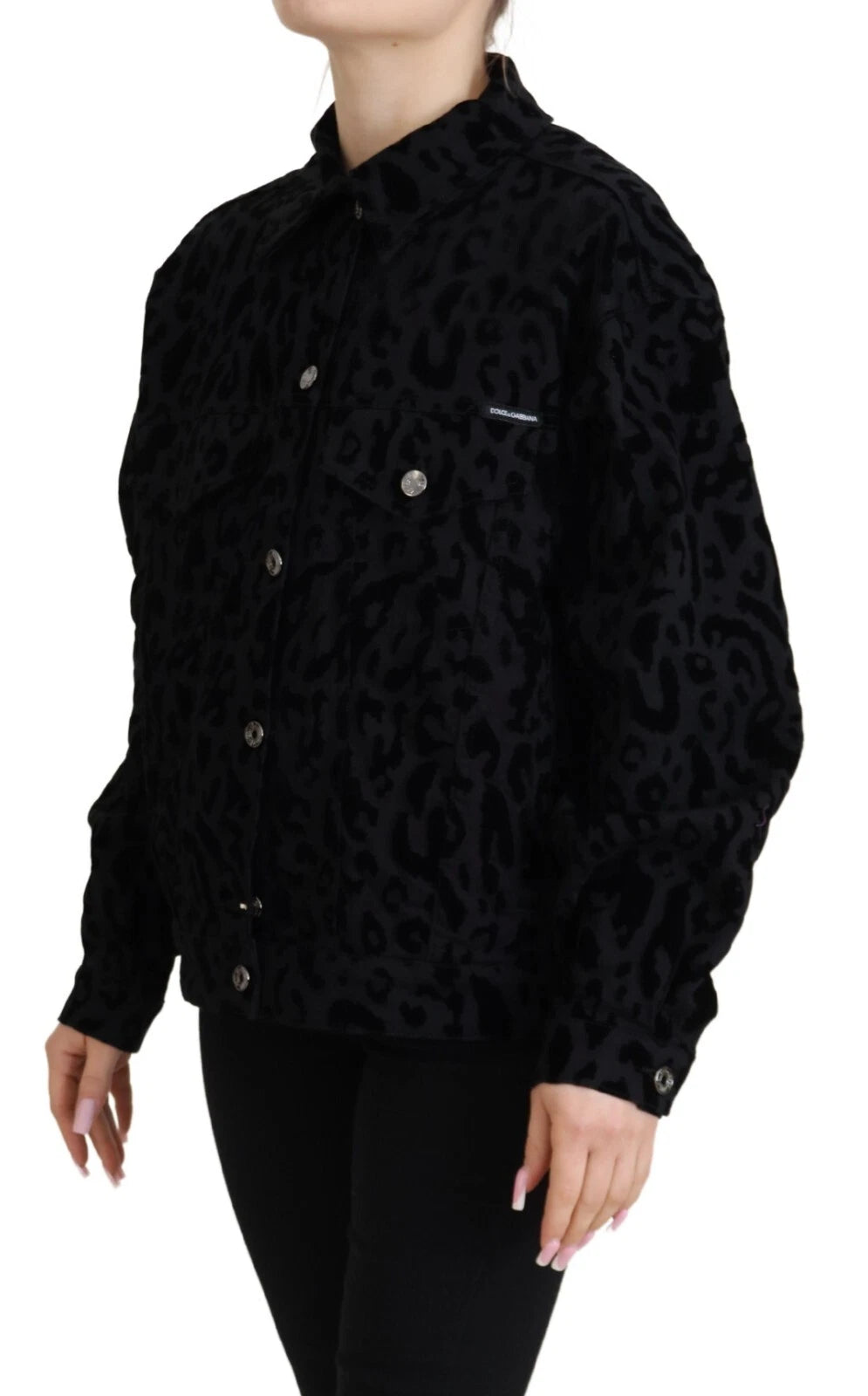 Veste en denim noire à manches longues avec motif léopard en coton de Dolce & Gabbana.