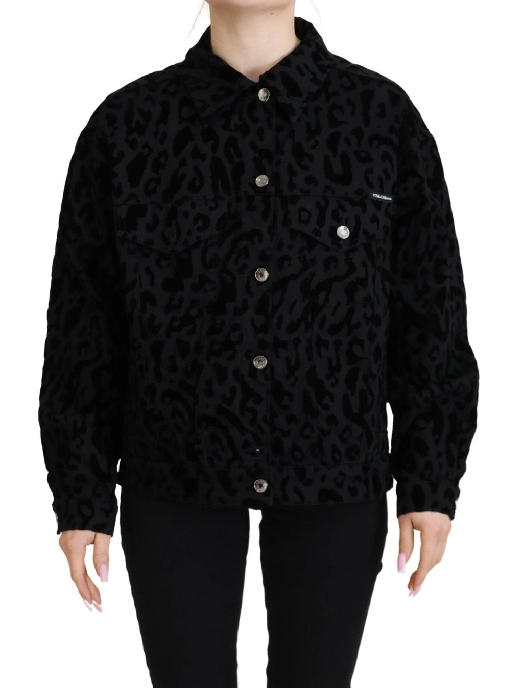 Veste en jean noire Dolce & Gabbana en coton avec motif léopard à manches longues.