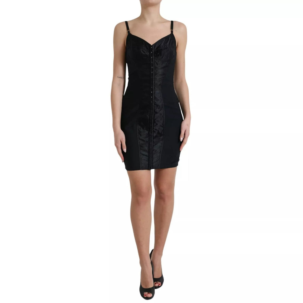 Robe courte noire en nylon de type corset bustier Dolce & Gabbana, silhouette ajustée et élégante.