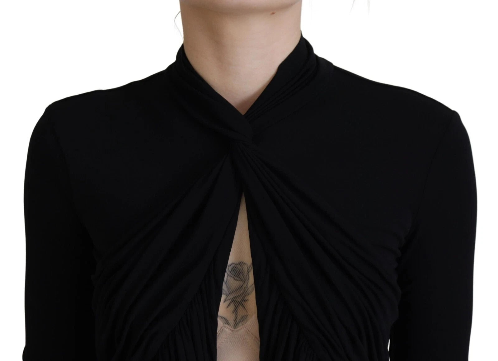 Robe courte noire en viscose à manches longues avec découpe, marque Dsquared², vêtement de mode élégant et tendance.
