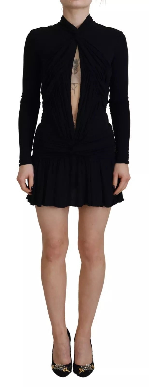 Robe courte noire en viscose avec manches longues et découpes, marque Dsquared², vêtement élégant pour femmes.