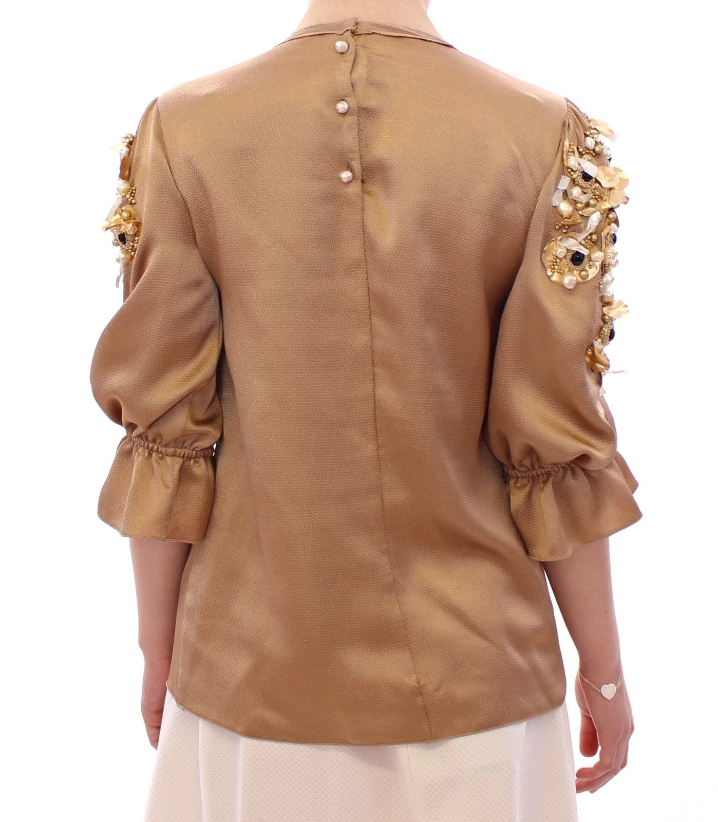 Chemise Dolce & Gabbana en cristal doré avec détails de défilé, pièce spéciale de la collection runway.