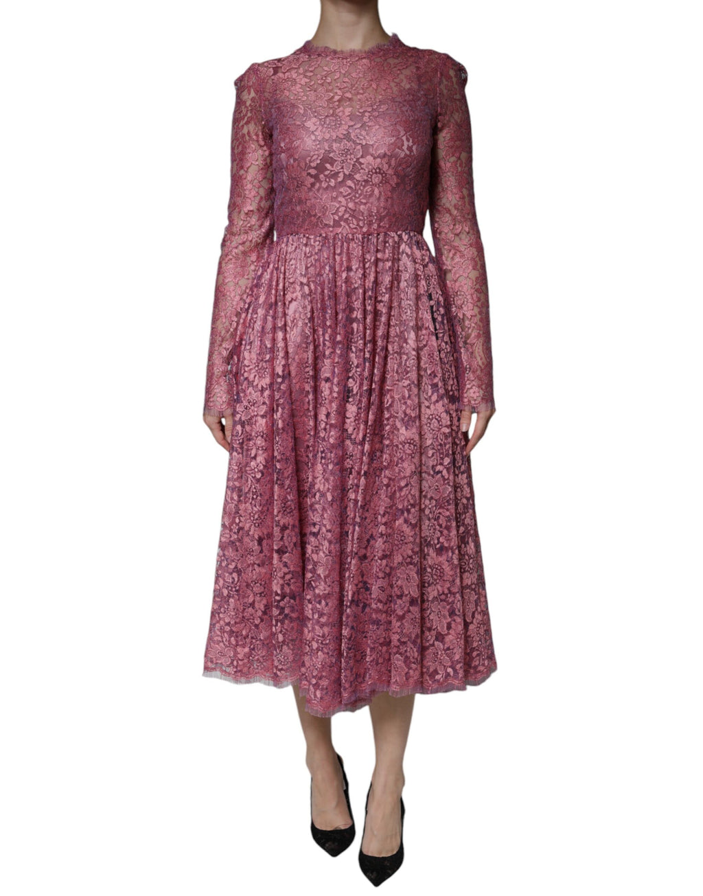 Robe midi en dentelle florale rose Dolce & Gabbana à manches longues, élégante et féminine.