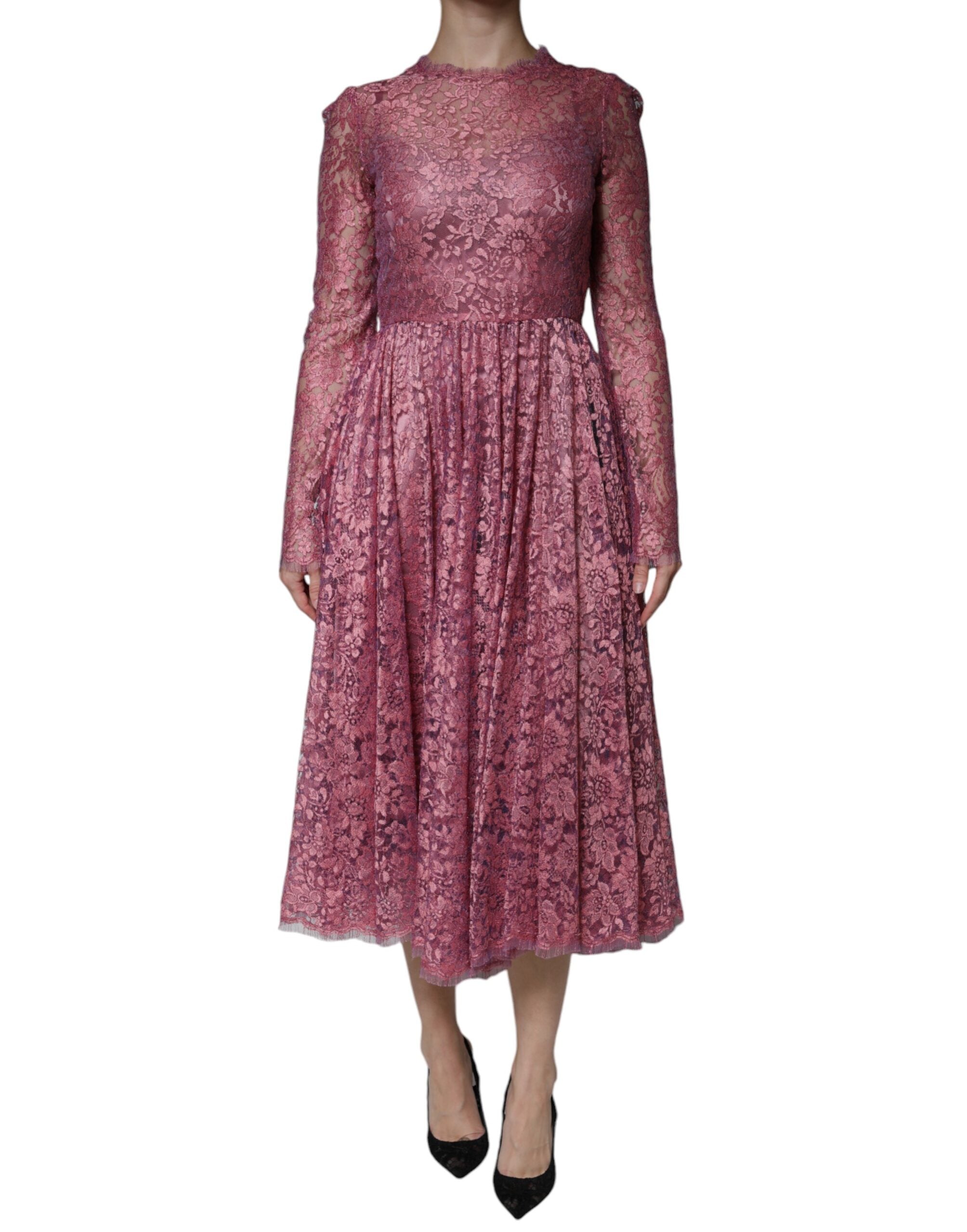 Robe midi en dentelle florale rose Dolce & Gabbana à manches longues, élégante et féminine.