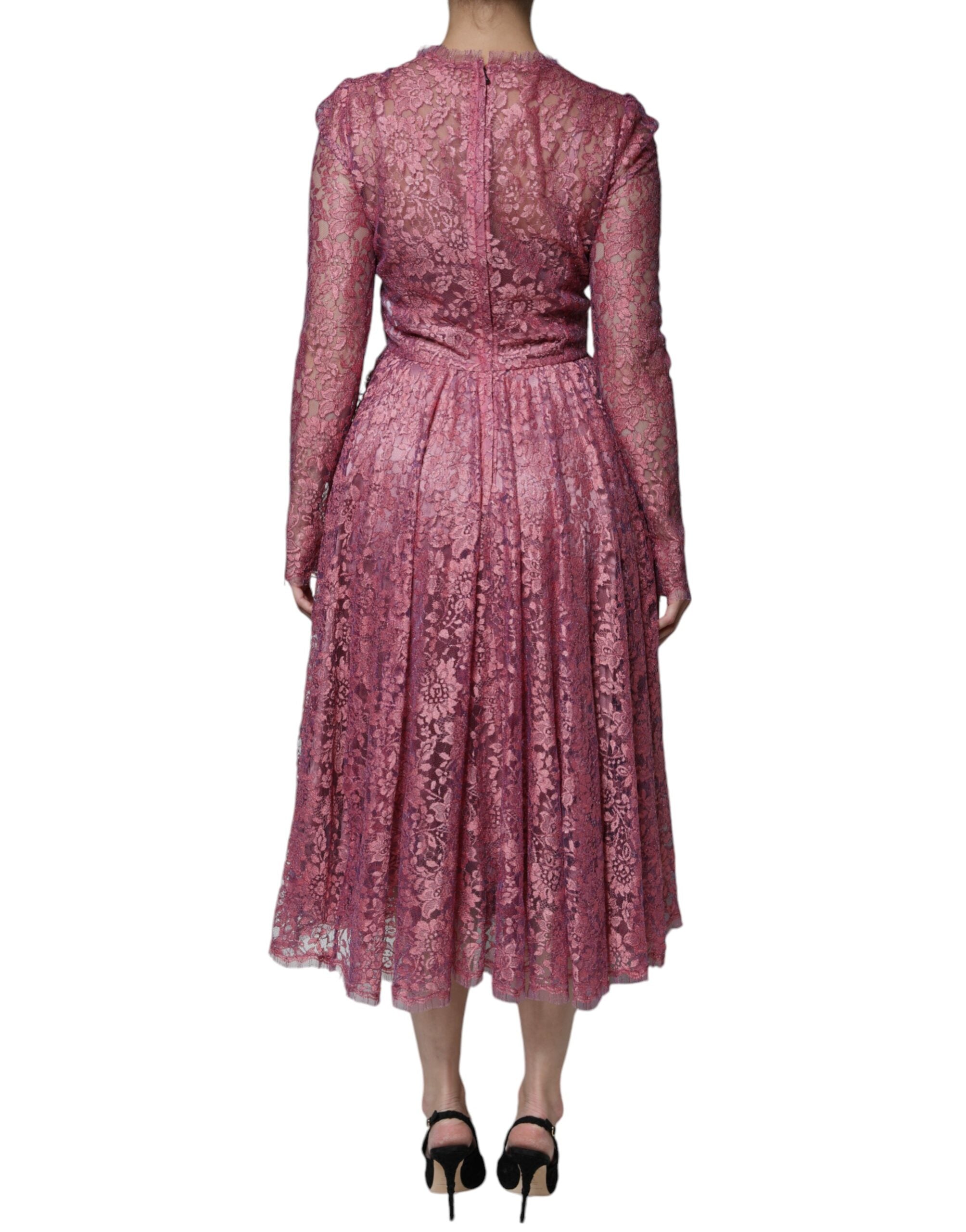 Robe midi en dentelle florale rose Dolce & Gabbana à manches longues, élégante et raffinée, avec détails délicats.