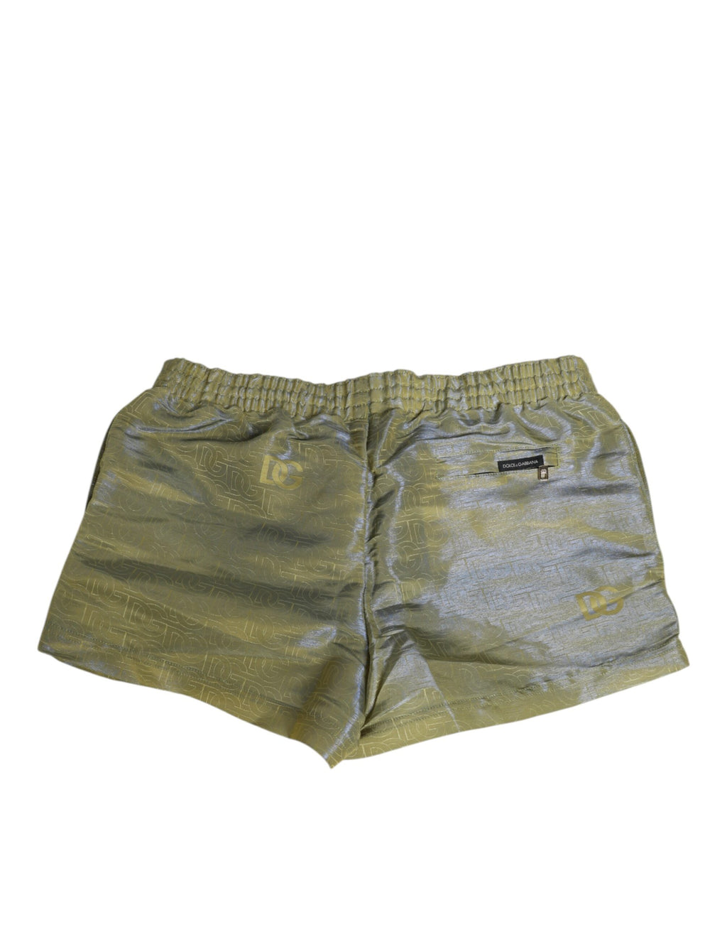 Maillot de bain homme Dolce & Gabbana en polyester vert avec logo métallique brillant.