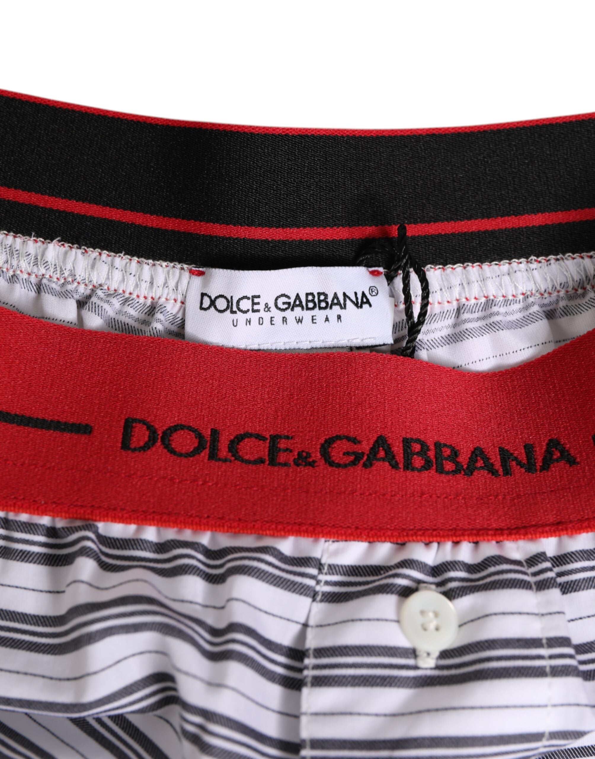 Shorts de bain Dolce & Gabbana, blanches à rayures, avec ceinture rouge en coton, pour hommes.