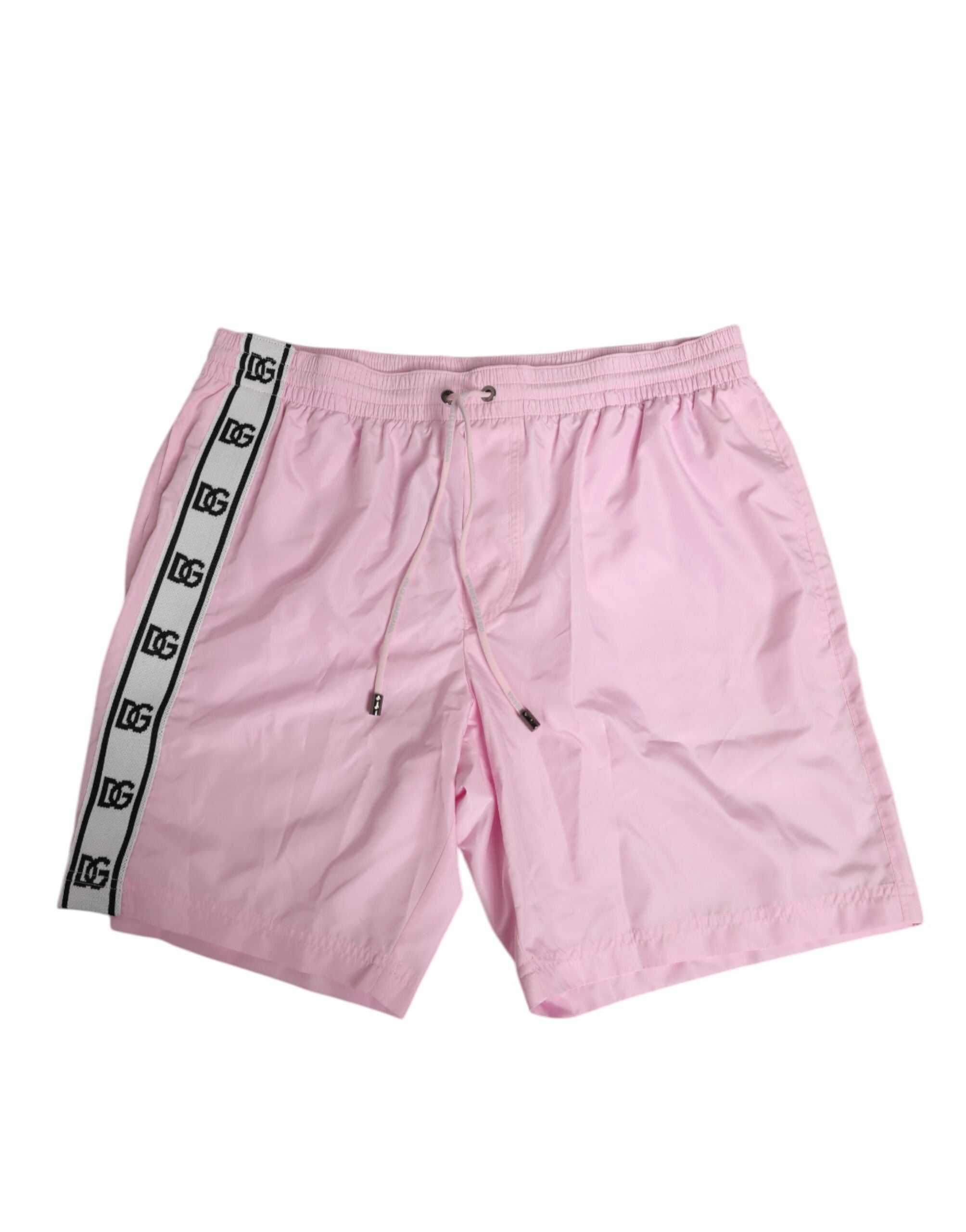 Shorts de bain pour homme Dolce & Gabbana en nylon rose avec logo et bandes latérales, parfait pour la plage.