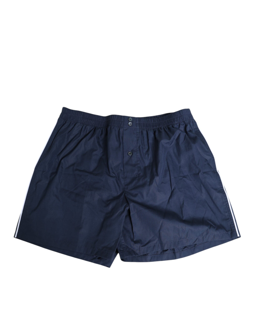 Maillot de bain Dolce & Gabbana bleu marine en coton avec taille élastique et bouton, visible en gros plan.