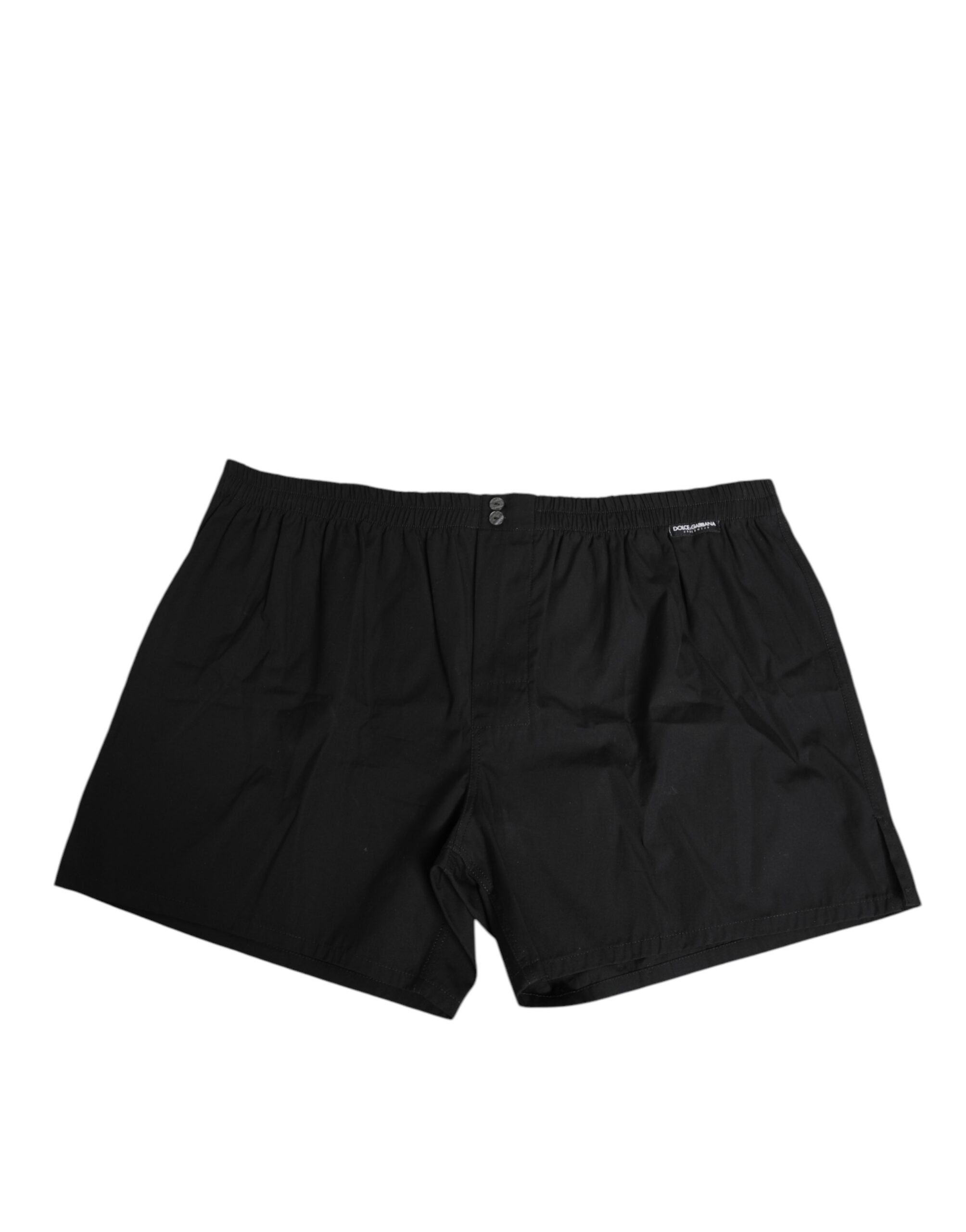 Maillot de bain noir en coton avec taille élastique et boutons de Dolce & Gabbana, vue de face.