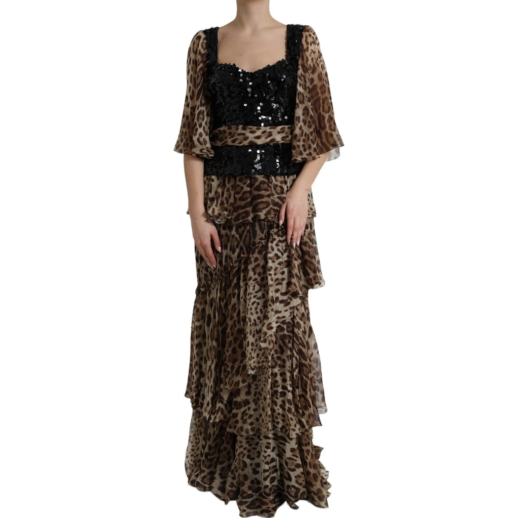 Robe maxi en soie à sequins et volants à imprimé léopard de Dolce & Gabbana, élégante et sophistiquée.