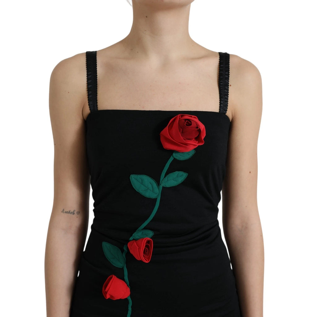 Dolce & Gabbana schwarzes ärmelloses Wollkleid mit Rosenapplikation