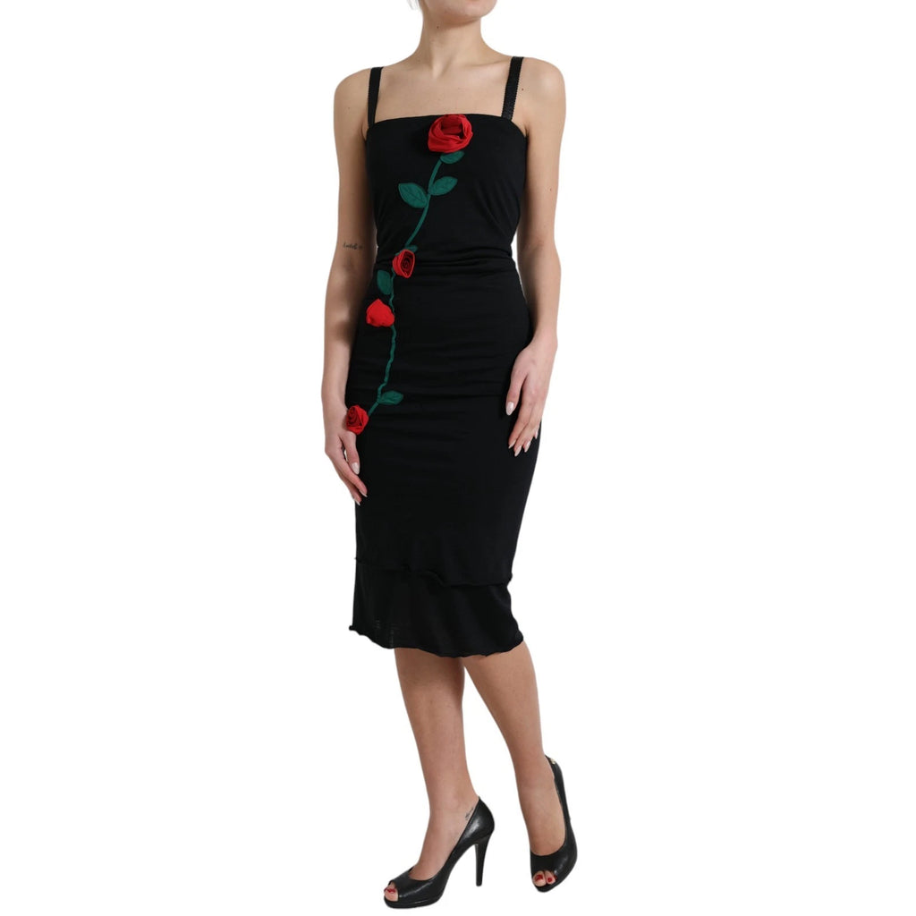 Dolce & Gabbana schwarzes ärmelloses Wollkleid mit Rosenapplikation