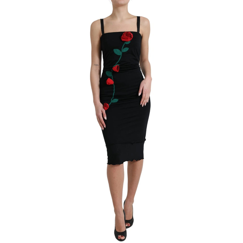 Dolce & Gabbana schwarzes ärmelloses Wollkleid mit Rosenapplikation
