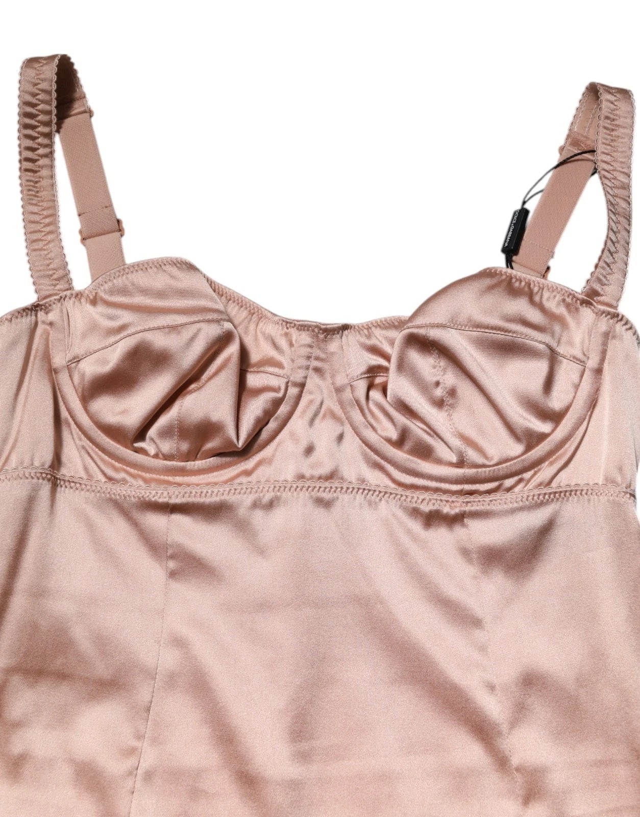 Robe moulante en satin de soie rose blush de Dolce & Gabbana, bustier midi élégante et sophistiquée.