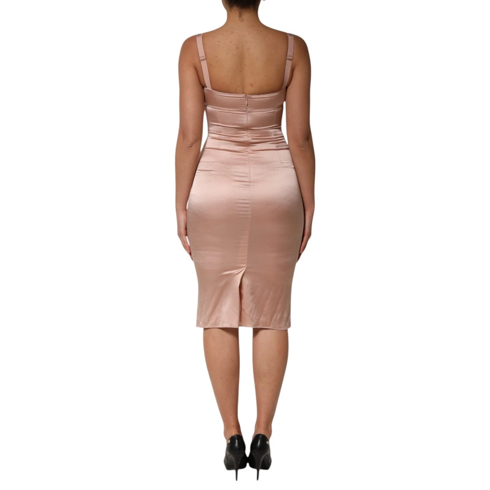 Robe bustier midi en satin de soie rose blush Dolce & Gabbana, ajustée et élégante, vue en gros plan.