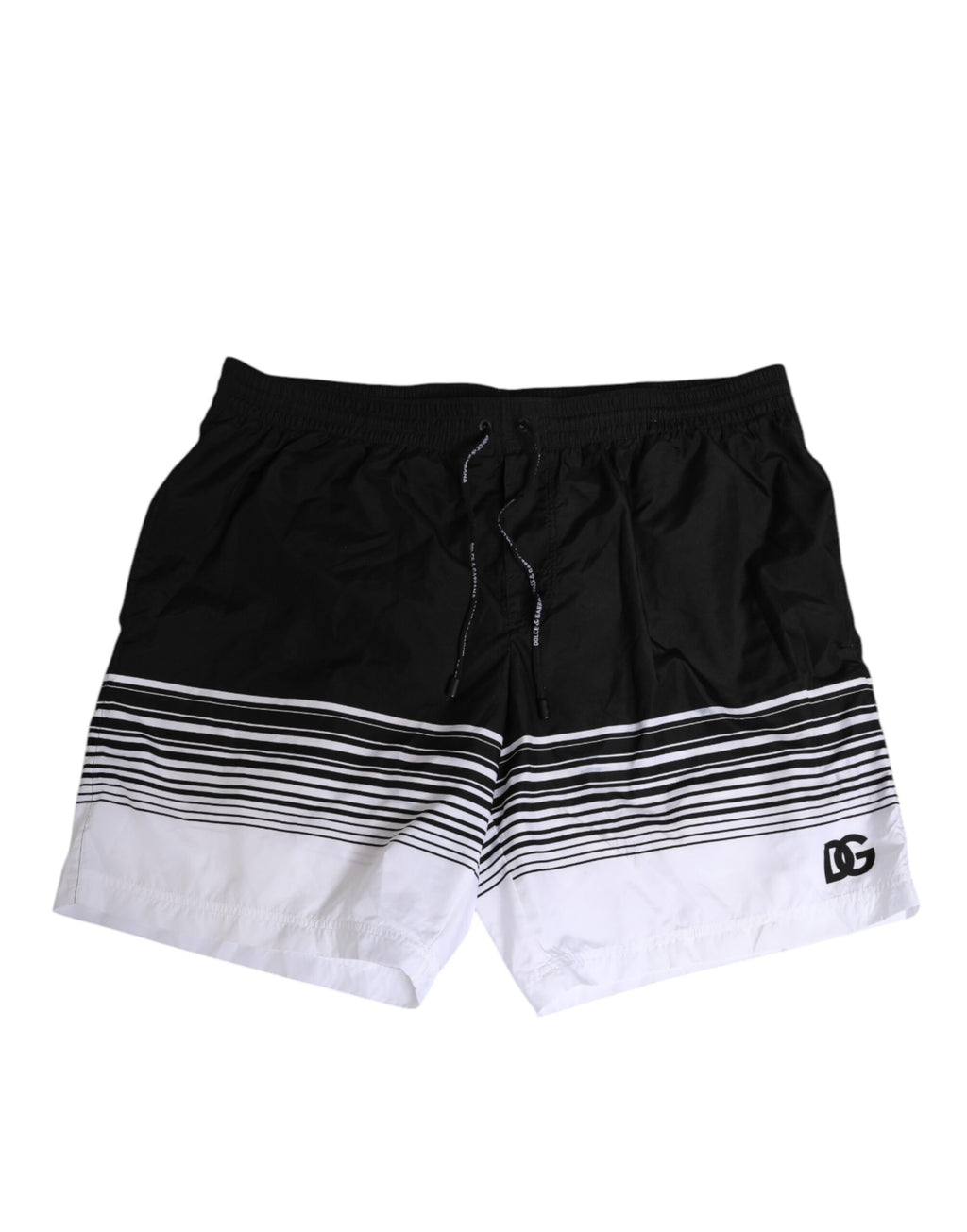 Maillot de bain homme Dolce & Gabbana noir et blanc à rayures avec logo DG, coupe courte et design élégant.