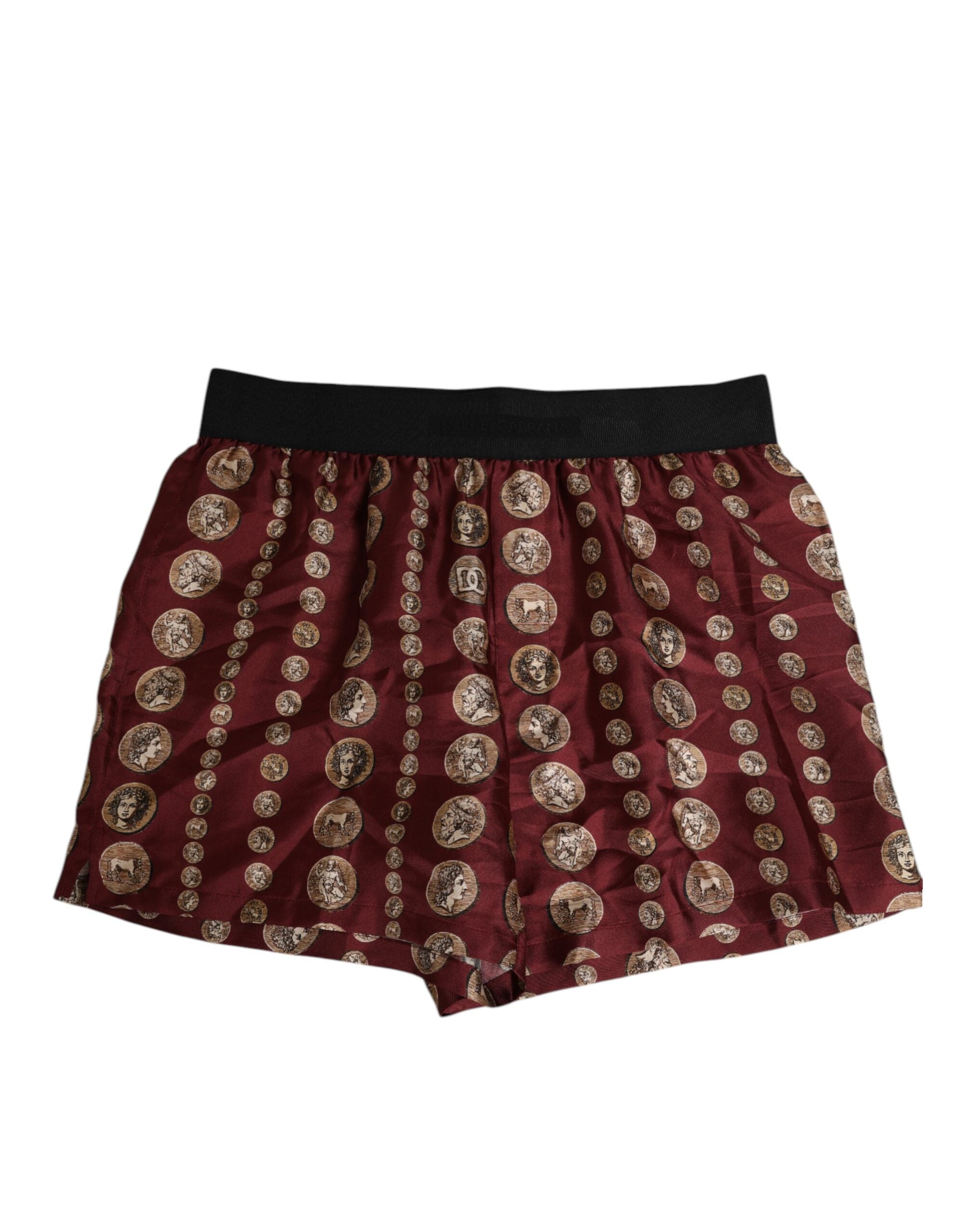 Short de bain homme Dolce & Gabbana en soie bordeaux avec imprimé pièces de monnaie, coupe confortable et élégant.