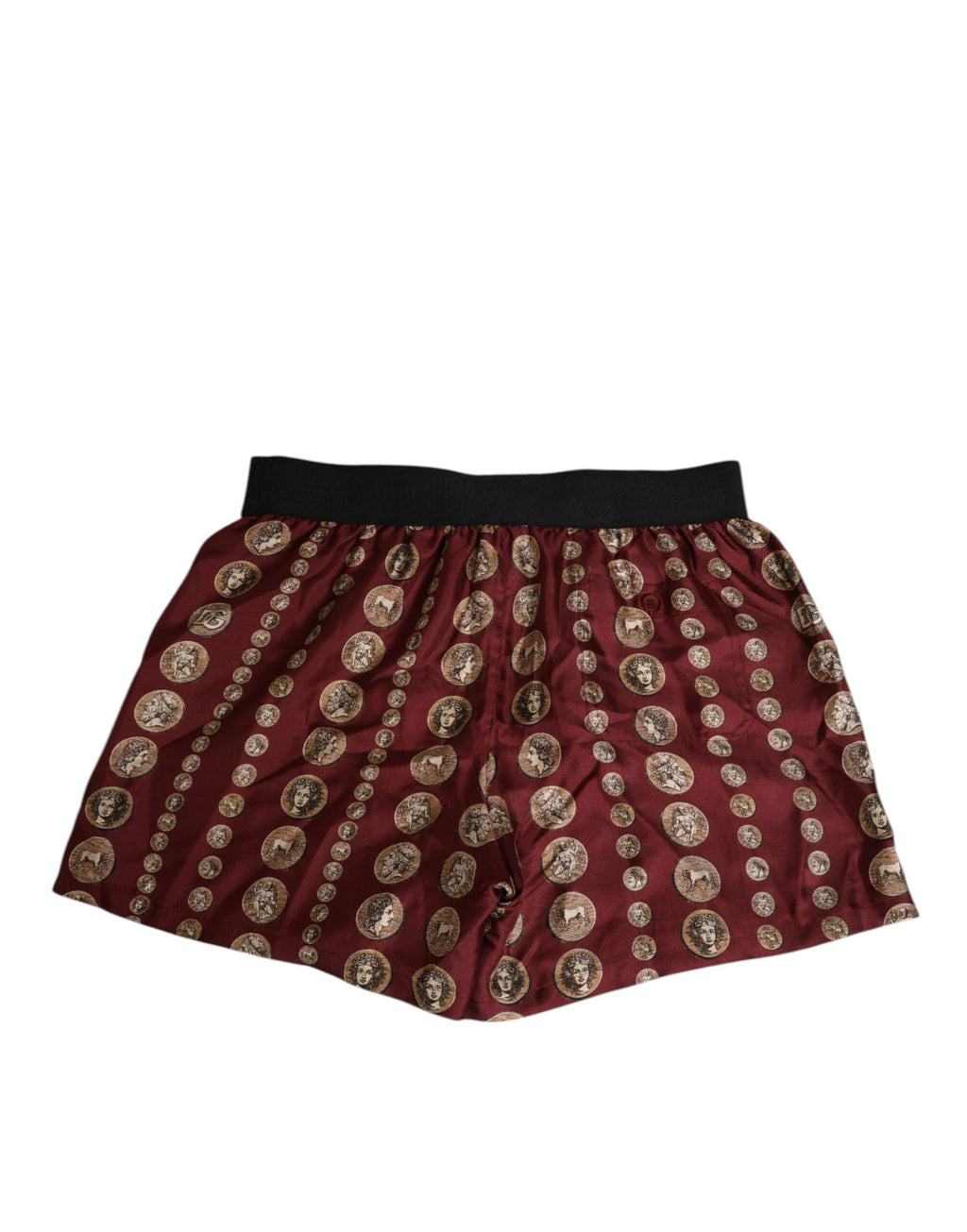 Boxers de bain pour homme Dolce & Gabbana en soie bordeaux avec imprimé pièces de monnaie, style élégant et confortable.