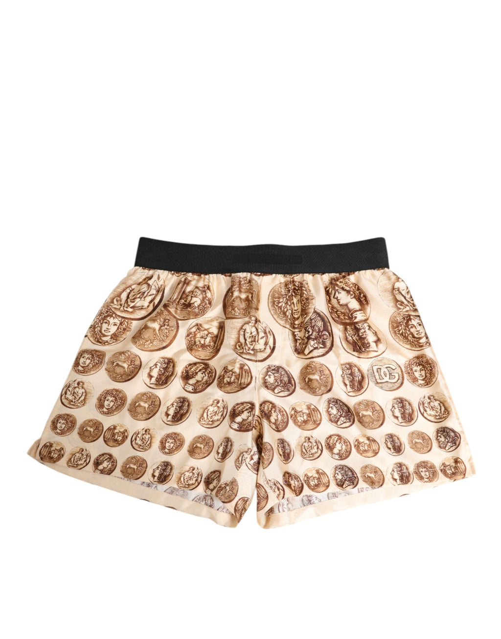 Shorts de bain en soie Dolce & Gabbana à motif de pièces de monnaie anciennes marron, style élégant et luxueux.