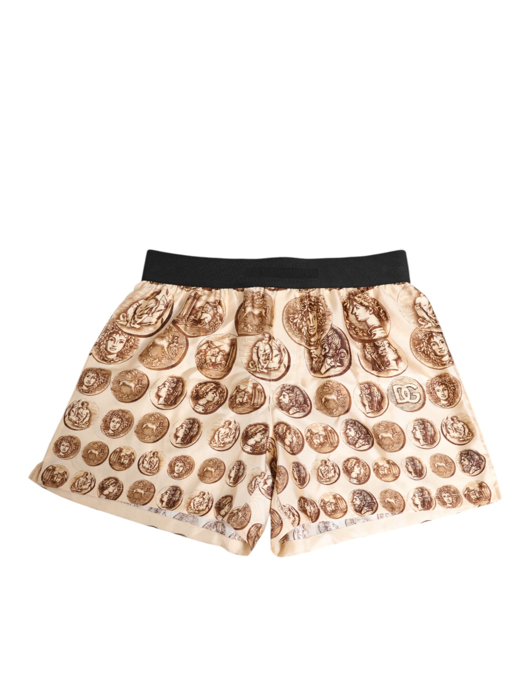 Shorts de bain en soie Dolce & Gabbana à motif de pièces de monnaie anciennes marron, style élégant et luxueux.