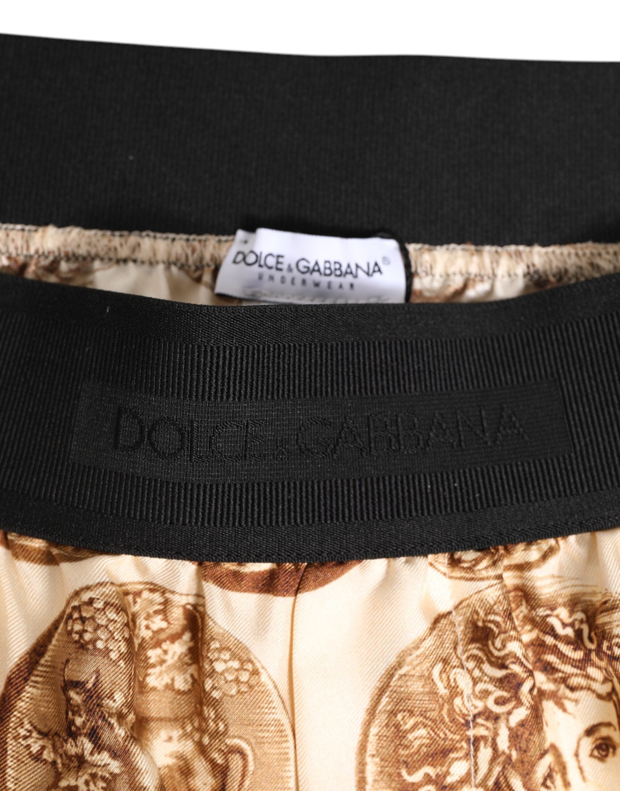 Shorts de bain en soie Dolce & Gabbana avec motif antique en pièces de monnaie brunes.