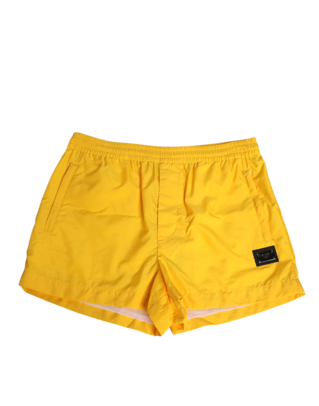 Boxers de bain en nylon jaune Dolce & Gabbana avec logo et plaque, vêtements de plage élégants et confortables.