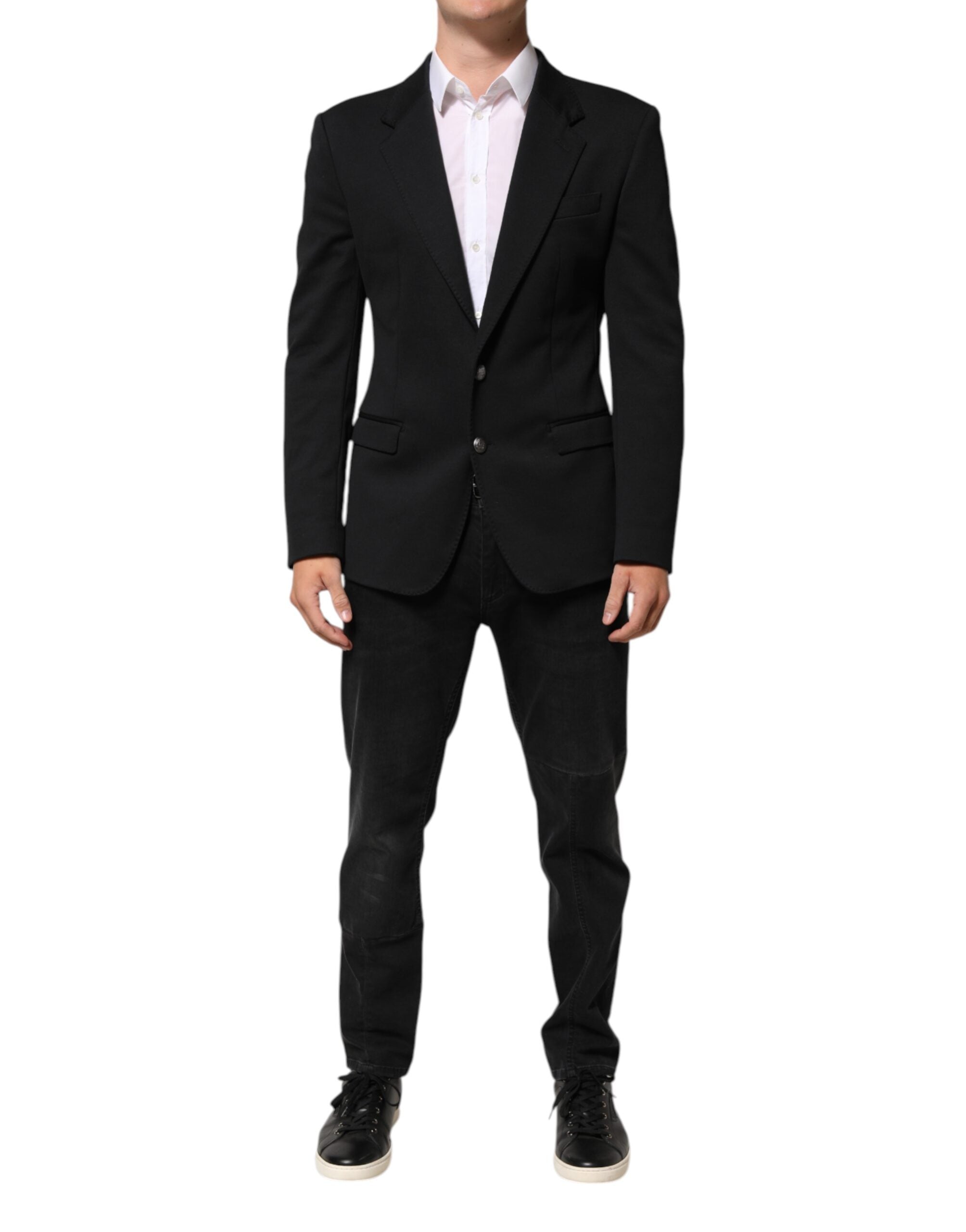 Veste homme en coton bleu foncé de Dolce & Gabbana, blazer élégant avec coupe classique et détails sophistiqués.